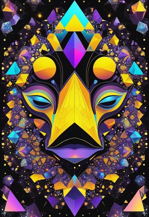 a hyperdetailed of head figure with cloak and crown, alien eyes with cosmic features, fractal ears, sparkling eye inside mouth, tongue fractal hexagons, skin overlaid by many difference shapes and size like (square, triangle, etc, creative shapes), in morp...