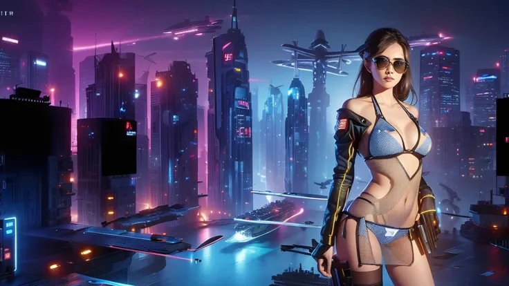 (((a large-breast bikini slim GIRL with black (micro) sunglasses))), (((((aiming at viewer with a pistol))))), a balcony of a futuristic building, aerial view of an ultra-futuristic megalopolis, metal buildings and houses in dark colors from dark blue to b...