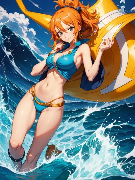 Nami from one piece showing her feet on the front of the image 