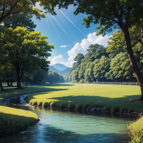 Beautiful river with Sun ray around it with grass field around it