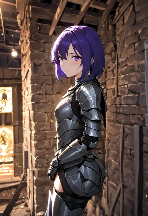 (masterpiece, top quality, best quality, beautiful and aesthetic:1.2), full body, SFW, extremely detailed, detailed face and eyes, cinematic light, depth of field, 1girl, seducing smile, solo, official, (full armored knight:1.4), dark armor, mash kyrieligh...