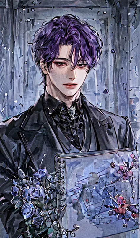 1 man, portrait, Beautiful handsome, alone, lips,  male focus, random color, looking at the viewer, short hair, black gentle expression, suit，purple hair