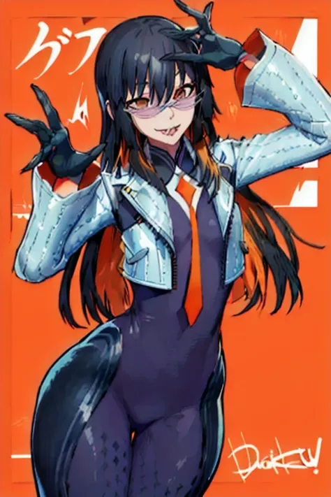 Daraku, Alone, 1girl, glasses, jacket, bodysuit, orange tie, long hair, gloves, smile, best quality, masterpiece 