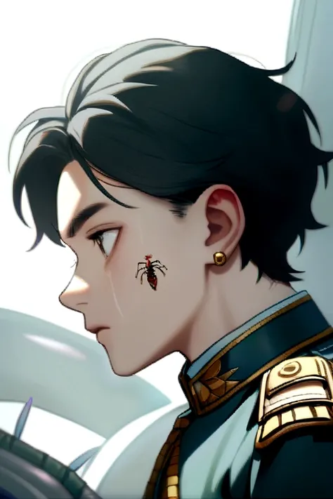 Chico, black hair, uniform, centipede tattoo on right cheek, an earring in the left ear 