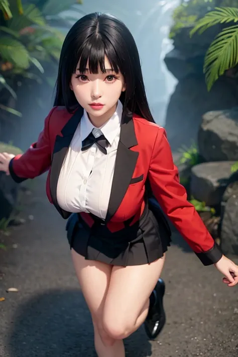 sit in tropical rainforest , steam , waistband of skirt is at the point above chest , Tight shirt , white Shirt , school girl , skirt under breasts , skirt is near breasts area , skirt is adjacent to the chest , jabami yumeko, black hair, long hair, blunt ...