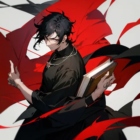 anime characters, a handsome man, black hair, wearing black and red clothes, has a flower tattoo on his neck, calm face, black eyes, wearing a necklace, holding a book