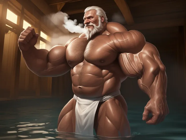 (best quality,4k,8k,highres,masterpiece:1.2),ultra-detailed,(realistic,photorealistic,photo-realistic:1.37),dramatic lighting,chiaroscuro,atmospheric,moody,cinematic. huge muscular old man in beach, white and short hair, white beard, old, old man, grandpa,...