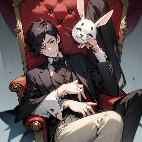 man with a bunny mask sitting in a throne, blood splatter, tuxedo