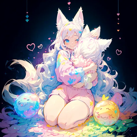 a cute adult male with wolf ears, long white hair, long locks, has a wolf tail, thick thighs, wide hips, short, wearing pink rom...