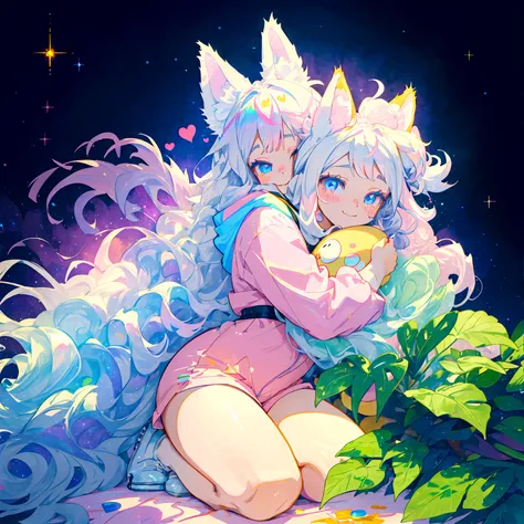 a cute adult male with wolf ears, long white hair, long locks, has a wolf tail, thick thighs, wide hips, short, wearing pink romper with a hood and pink shorts, has heart on shirt, has bunny ears on hood, very slim, showing slender tummy, squishy thighs, h...