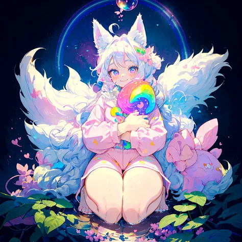 a cute adult male with wolf ears, long white hair, long locks, has a wolf tail, thick thighs, wide hips, short, wearing pink rom...