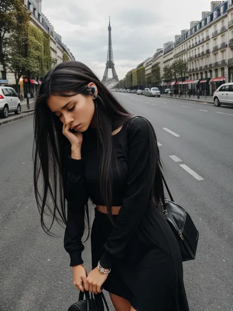 A black outfit girl , long hair ,alone , Paris road , headphone, mobile , crying ,sad situation 