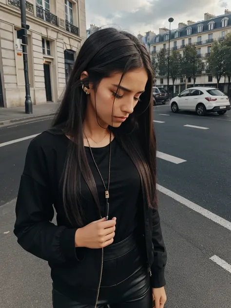 A black outfit girl , long hair ,alone , Paris road , headphone, mobile , crying ,sad situation 