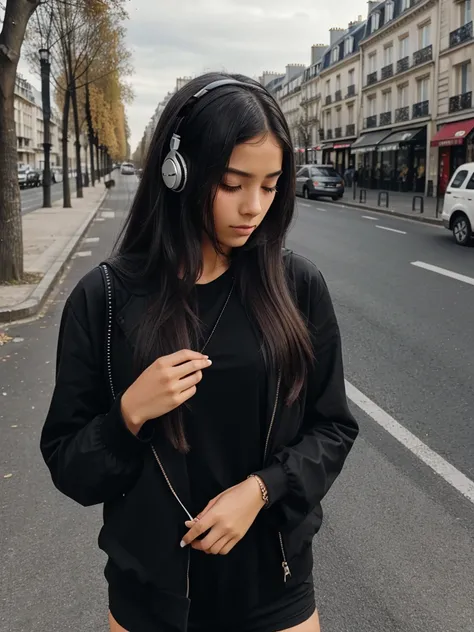 A black outfit girl , long hair ,alone , Paris road , headphone, mobile , crying ,sad situation 