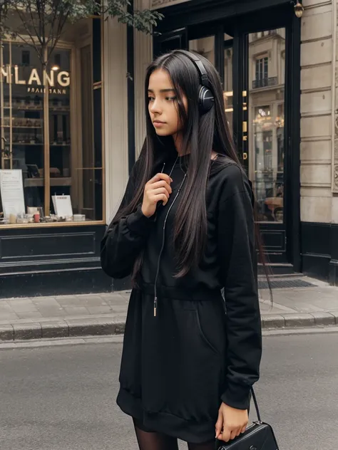 A black outfit girl , long hair ,alone , Paris road , headphone, mobile , crying ,sad situation 