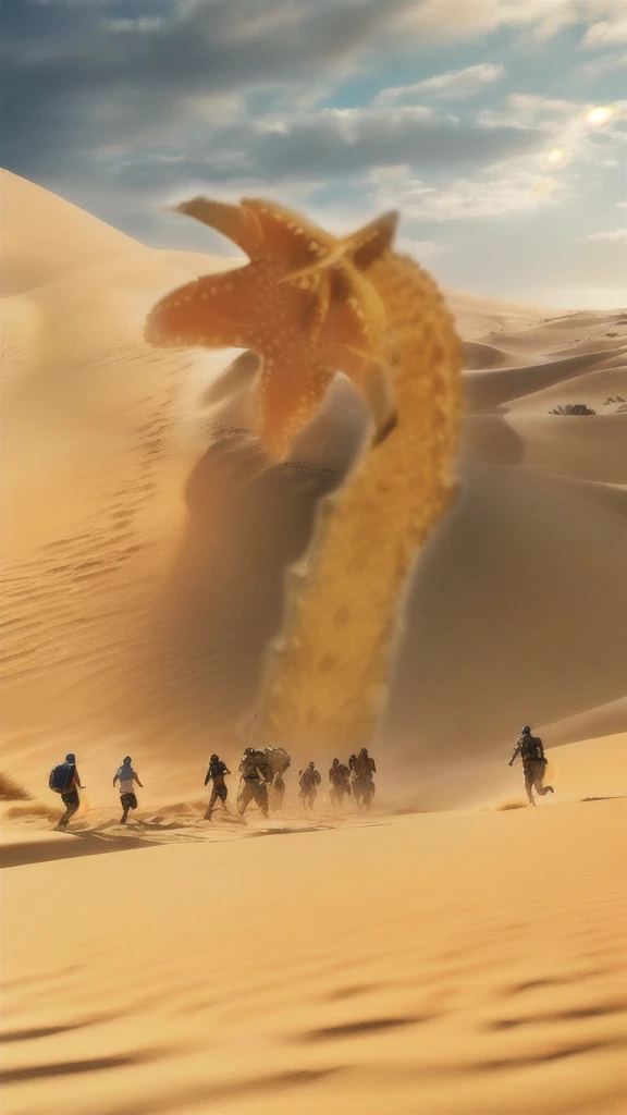 A person walking on the beach with a giant starfish, sandworm, sand desert fantasy, Aliens arrive in the dunes, dune style, Somewhere in the desert, walking In the desert, Details of sand dunes, In the desert beside the gulf, Crossing the Desert, sand dese...