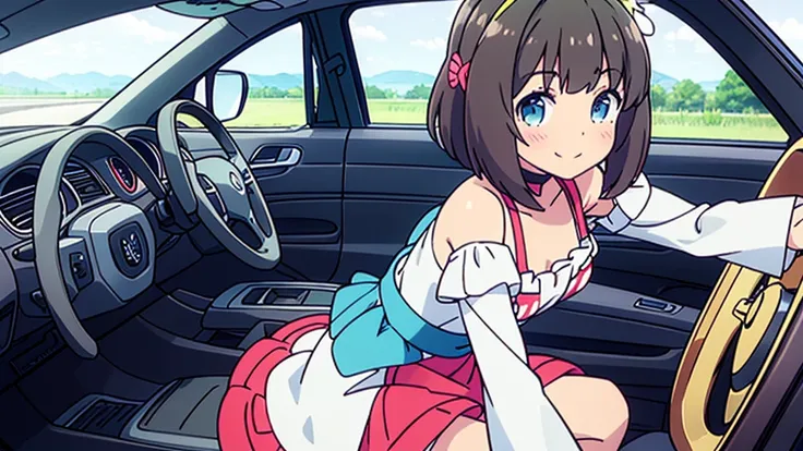 Mesa, Best Quality, Eishin Flash ,Uma Musume,A dark-haired,bob cuts,Blue eyes, SMILE, hair ornament, ear tape, white scrunchie, german clothing, Steering wheel, red choker, bare shoulders, black sleeves, wide sleeves, mangas con Steering wheels, long sleev...