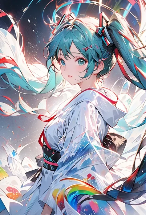 Hatsune Miku,Capturing the Essence of Wind with Liquid Ink，Turned into a whirlwind of pointillism, Traverse the spectrum of multiple random colors, 4k concept art, Extreme details, Wheels within wheels, Luminous canvas, sports, Dynamic, Clear glossy focus,...