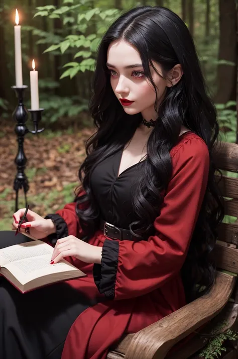 Young adult woman, black wavy long hair, red eyes, red lipstick, red witchy dress, holding a black candle, sitted on woods and reading a witchcraft book