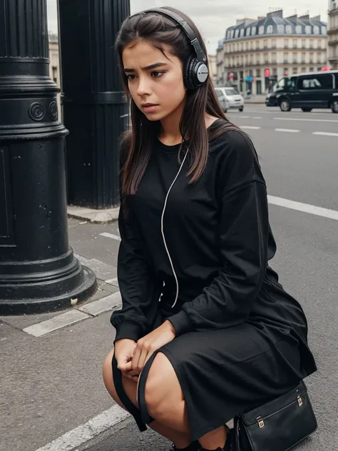 A girl , black outfit , alone , headphone, mobile phone, Paris road , crying, sad situation 