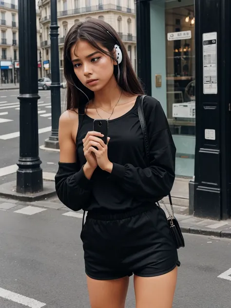 A girl , black outfit , alone , headphone, mobile phone, Paris road , crying, sad situation 