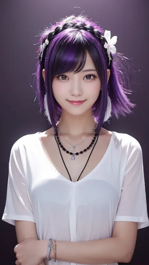 masterpiece,One girl,alone, A light smile, Metal Necklace, White shirt, Modern , accessories, Purple and black two-tone hair color, Unique Hairstyles, stylish, Black background