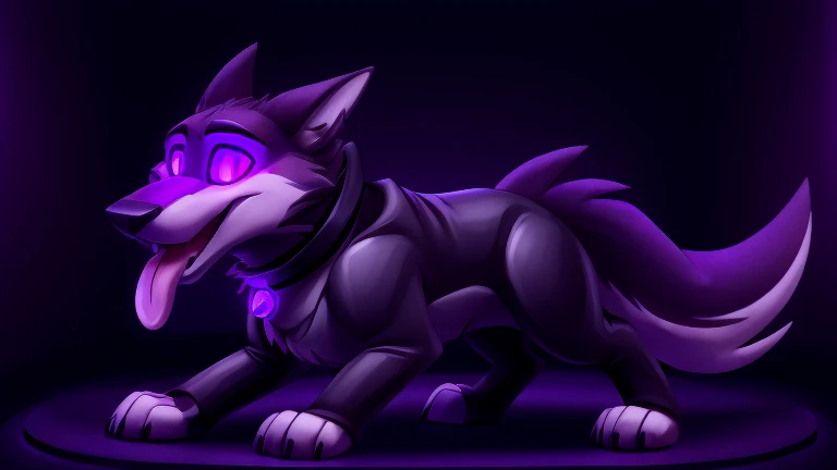 Vortex hellhound standing, tongue out, using a gray latex suit, and a black techno collar, hypnotized with glowing purple eyes without iris or pupils, tongue out, full body image, walking on all fours bowed before his master, in laboratory room background,...