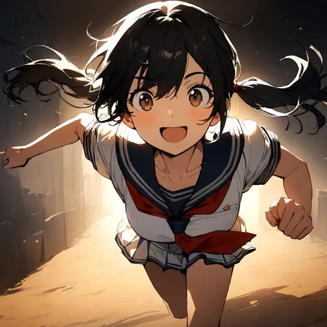 2d, masterpiece, best quality, anime, highly detailed, , solo, brown eyes, black hair, pig tails, looks happy while running, sailor uniform, neck tie, :d, outside