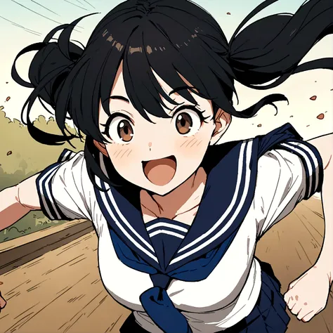 2d, masterpiece, best quality, anime, highly detailed, , solo, brown eyes, black hair, pig tails, looks happy while running, sailor uniform, neck tie, :d, outside