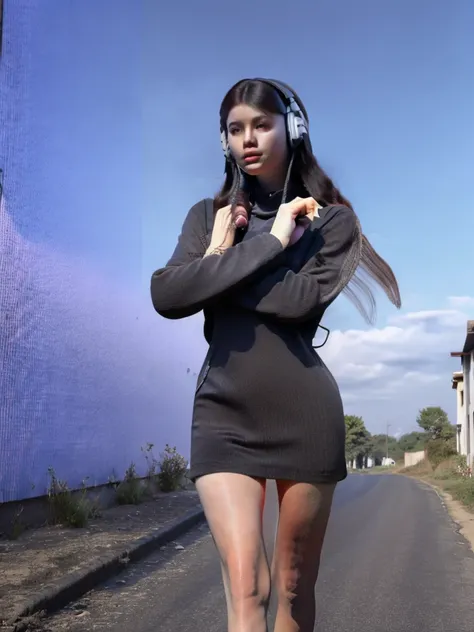 Alone girl , black outfit , alone road , headphone, mobile,walking