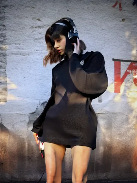 Alone girl , black outfit , alone road , headphone, mobile,walking