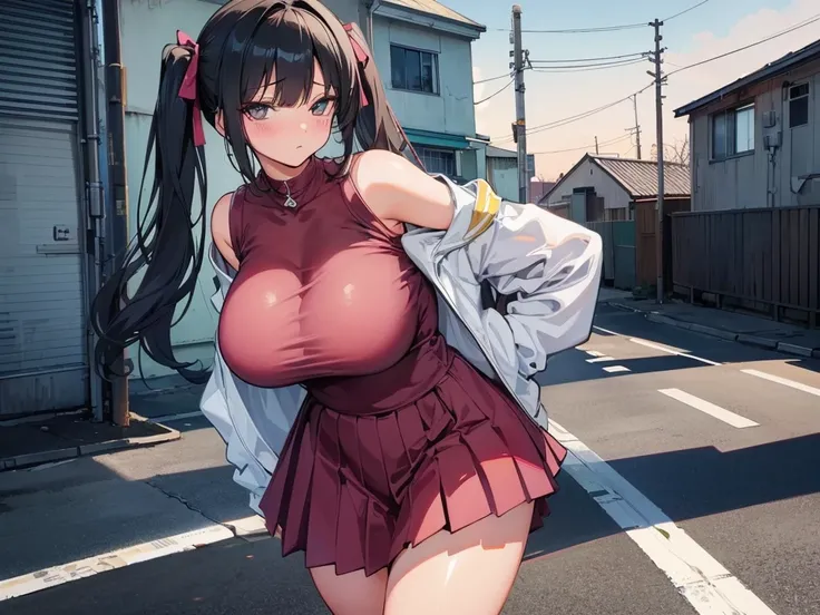 glaring、(Big Breasts)、curvy、(((((1 girl)))))、High-pressure poses、Back alley in the evening、high school girl、((owncast eyes))