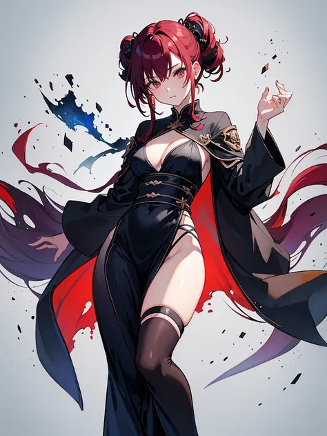 Robed, Black clothes, The skin is hidden, I was wearing long pants,cool,黒いRobed, Toned body, Wine red hair, one big woman,Updo, Nervous,Cowboy Shot, sketch (Character design sheet, same characters, whole body, Three-View, front, ~ ~ ~ side, return),(Very b...