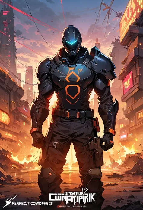 masterpiece, best quality, 1guy, futuristic pugilist, military gear, tech armor, guantlets, dystopian fantasy themepark, techwear/cyberpunk, urban fantasy, anime, no helmet, war-torn clothing, perfect face, splash screen