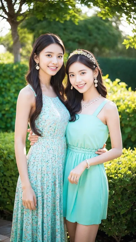 Two beautiful sisters standing together in a serene garden during sunset. 
The older sister has a calm, mature beauty with long straight hair and is wearing an elegant dress in a deep blue or emerald green color. 
She is adorned with simple, sophisticated ...