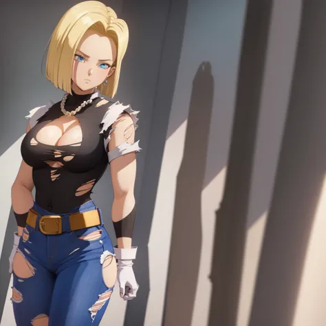 best quality, high definition, and18, 1girl, Android 18, solo, blonde hair, blue eyes, belt, jeans, pearl_necklace, bracelet, black gloves, cleavage, white shirt, short hair, short sleeves, earrings, blue pants, open vest, black vest, big breasts, wide hip...