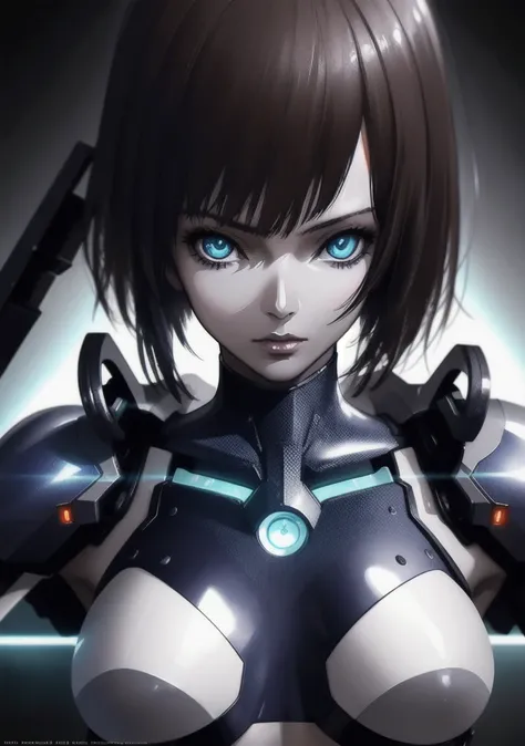 1 young anime girl, beautiful detailed cyborg girl in a cyberpunk laboratory, wearing a cyberpunk cyborg crop top armor, her slender delicate body and skinny nubile figure shimmering in the hazy light, her alluring face with a forlorn seductive look, azure...