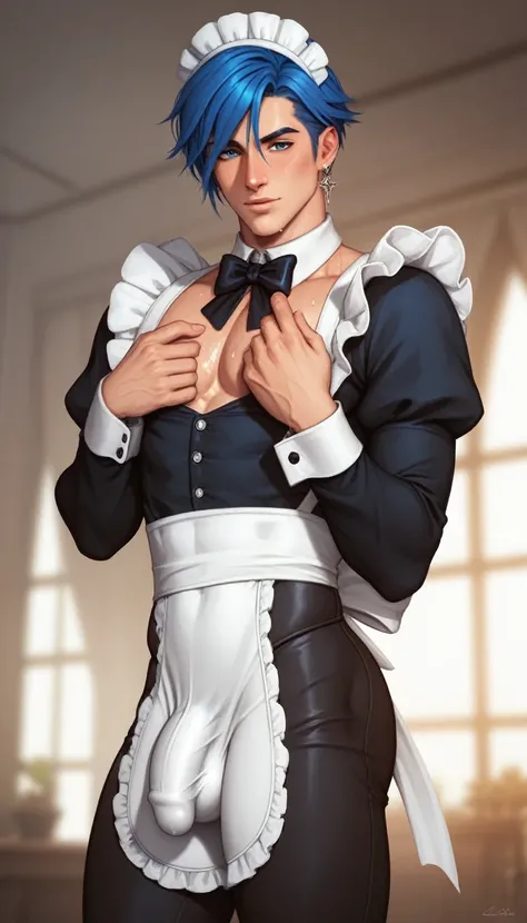 best quality, masterpiece, final fantasy 8, cosplay, squall leonhart, seifer almasy, medieval black and white maid outfit, blue hair, sexy, gay, homoerotic, big bulge, visible penis line, best view, perfect fingers, sweaty bodies, no watermark, no logo, no...