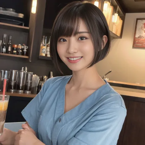 (1 ultra cute japanese girl, short hair:1.5), part-time job at a bar,detailed face, ultra detailed eyes, incredible beautiful eyes, symmetry dropped eyes,charming eyes, No makeup, big smile,Enthusiastic belly laugh, open mouth, best quality, 4k, 8k, highre...