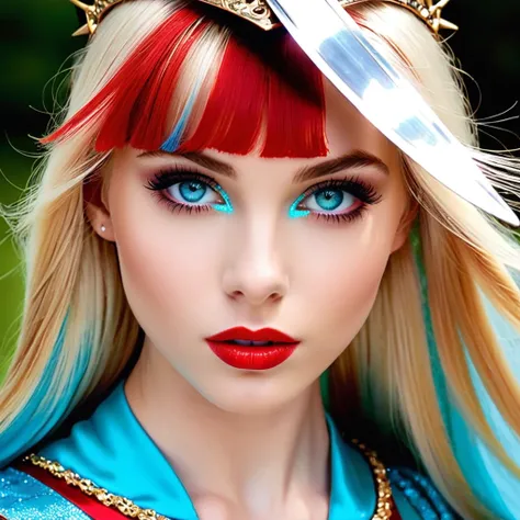 hyper "Macro F/1 Photo RAW" Cosmetic artistry massive elaborate amazing composition, Lightblue turquoise eyes,long eyelashes,big red lips,apricot eyes,girly princess,Unparalleled beauty Harmony epic shiny firm and shiny skin,bangs between eyes, shiny strai...