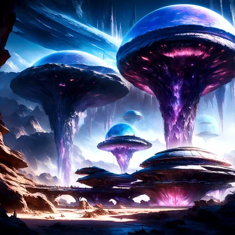 A highly detailed and futuristic alien planet, intricate sci-fi architecture, glowing crystalline formations, vivid purple and blue hues, dramatic lighting, cinematic composition, photorealistic, 8K, best quality, ultra-detailed, hyper-realistic, masterpie...