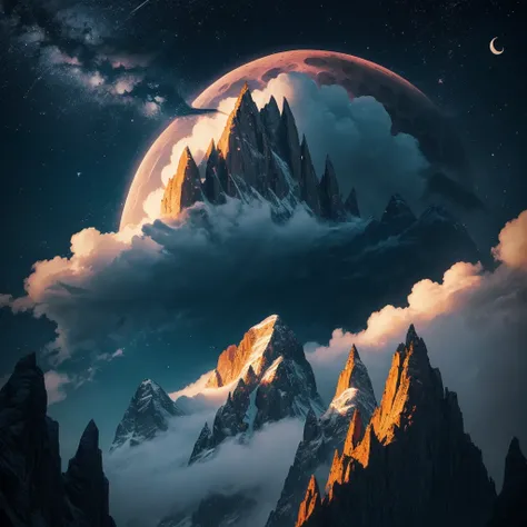 a crescent in the sky with clouds and a mountain in the background, a matte painting by Muggur, flickr, hurufiyya, moonlit night dreamy atmosphere, beautiful moonlight night, moonlit night sky, beautiful moonlight, moonlit backdrop, beautiful moon light, m...