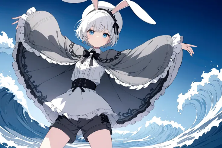 Chico, short white hair with pompadour, rabbit ears, white beret style hat with black spikes, lolita style button down shirt with oversized sleeves, short gray shorts, gray cape with engraved waves, blue eyes