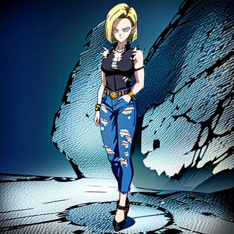 best quality, high definition, and18, 1girl, android 18, solo, blonde hair, blue eyes, belt, jeans, pearl_necklace, bracelet, na...