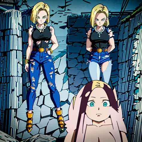 best quality, high definition, and18, 1girl, android 18, solo, blonde hair, blue eyes, belt, jeans, pearl_necklace, bracelet, na...