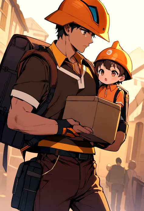 The boy wore an orange helmet with yellow trim, brown eyes, an orange polo shirt with white trim, a black backpack, and was carrying a small box.