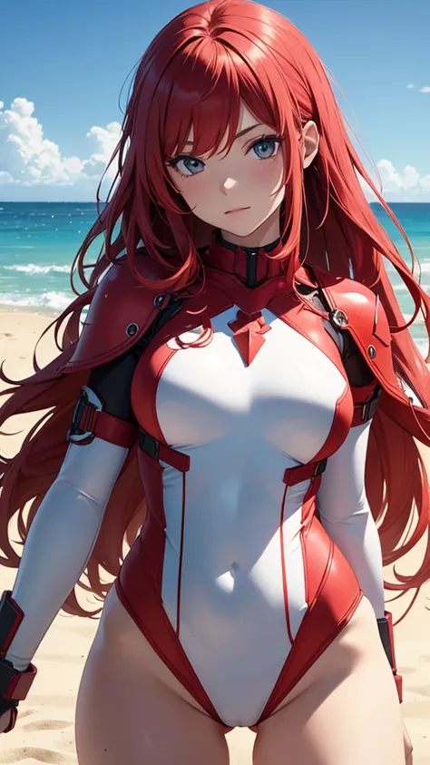 White girl, red hair, with armor-shaped swimsuit, holding an epée 