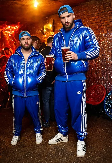 Graffiti urban style, portrait of medium body of two chav guys, handsome 30 year old Chavs,muscular and athletic,having a alcoholic drink inside a night disco in London, more scally guys men in the background:1.5+, with beard, full blue elecetric leather c...