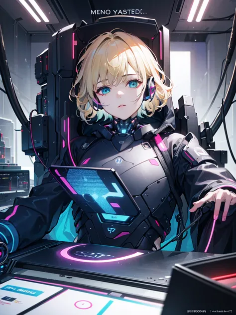 1boy, handsome young teenage boy, blonde short hair, messy hair, beautiful detailed azure eyes,  is a cyborg, futuristic lab, futuristic headset with english text, cyborg crop top armor, mind control device, futuristic gear installed on head, lying on top ...