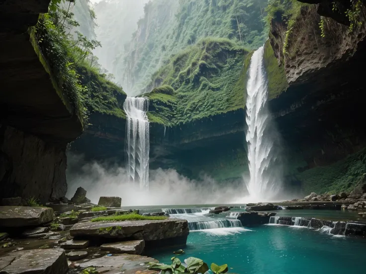 A photo that invites you to explore the depths of a lush canyon, Waterfalls soar into the sky，Merges into the pristine pool below, The mist and leaves add an air of mystery and beauty to the scene., Photo by Oliver Vegas.